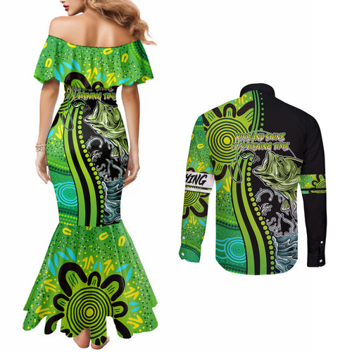 australia-fishing-couples-matching-mermaid-dress-and-long-sleeve-button-shirts-aboriginal-rise-and-shine-a-bass-fish-jumps-out-of-water-and-aboriginal-patterns-inspired