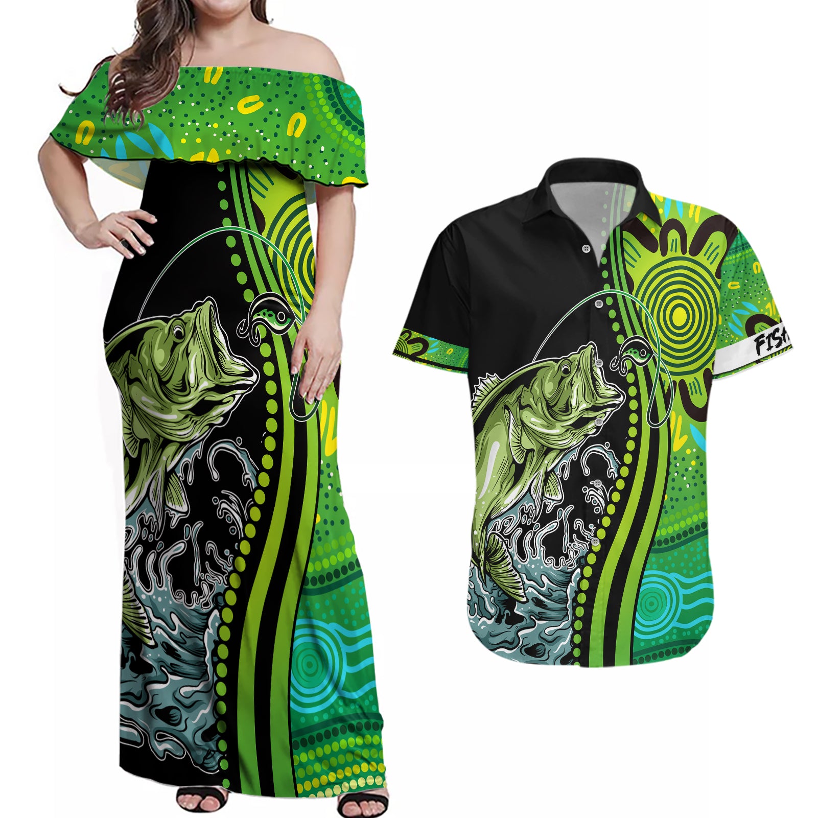 australia-fishing-couples-matching-off-shoulder-maxi-dress-and-hawaiian-shirt-aboriginal-rise-and-shine-a-bass-fish-jumps-out-of-water-and-aboriginal-patterns-inspired