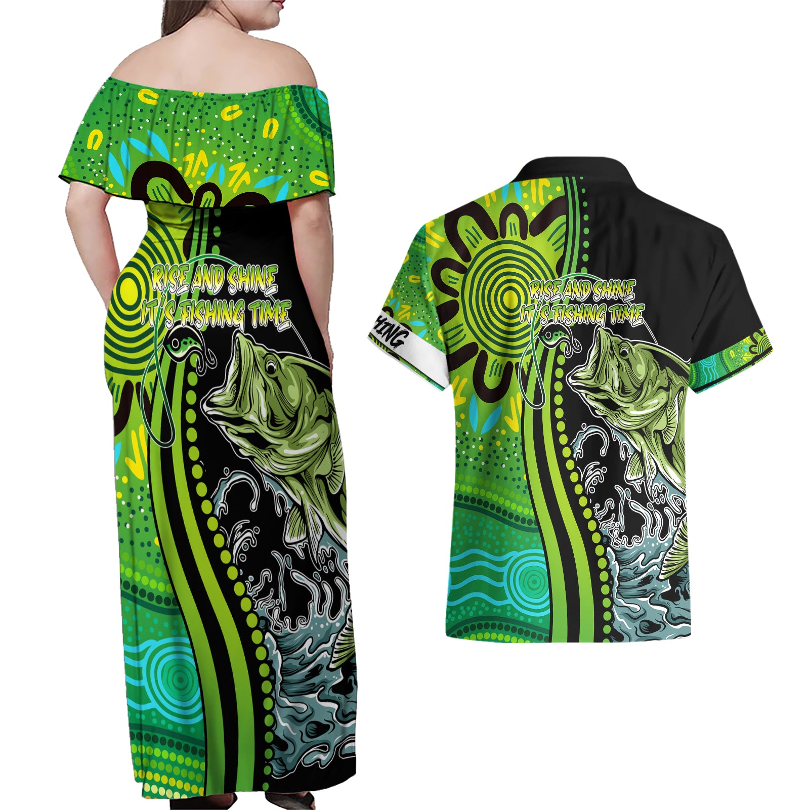 australia-fishing-couples-matching-off-shoulder-maxi-dress-and-hawaiian-shirt-aboriginal-rise-and-shine-a-bass-fish-jumps-out-of-water-and-aboriginal-patterns-inspired