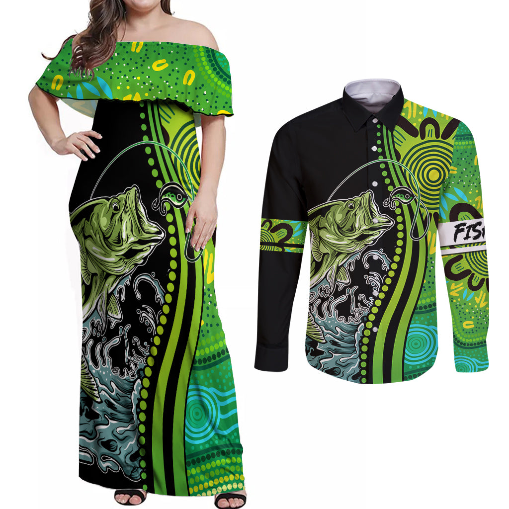 australia-fishing-couples-matching-off-shoulder-maxi-dress-and-long-sleeve-button-shirts-aboriginal-rise-and-shine-a-bass-fish-jumps-out-of-water-and-aboriginal-patterns-inspired