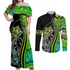 australia-fishing-couples-matching-off-shoulder-maxi-dress-and-long-sleeve-button-shirts-aboriginal-rise-and-shine-a-bass-fish-jumps-out-of-water-and-aboriginal-patterns-inspired