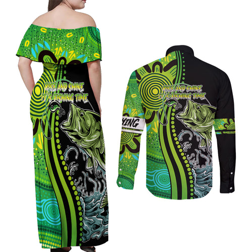 australia-fishing-couples-matching-off-shoulder-maxi-dress-and-long-sleeve-button-shirts-aboriginal-rise-and-shine-a-bass-fish-jumps-out-of-water-and-aboriginal-patterns-inspired