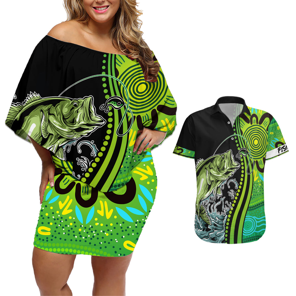 australia-fishing-couples-matching-off-shoulder-short-dress-and-hawaiian-shirt-aboriginal-rise-and-shine-a-bass-fish-jumps-out-of-water-and-aboriginal-patterns-inspired