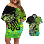 australia-fishing-couples-matching-off-shoulder-short-dress-and-hawaiian-shirt-aboriginal-rise-and-shine-a-bass-fish-jumps-out-of-water-and-aboriginal-patterns-inspired