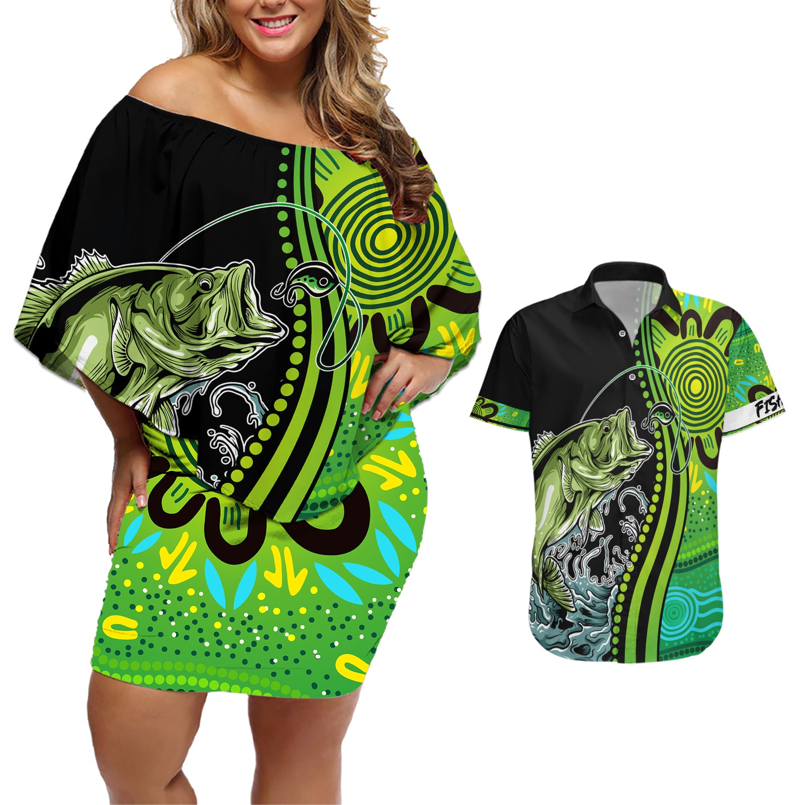 australia-fishing-couples-matching-off-shoulder-short-dress-and-hawaiian-shirt-aboriginal-rise-and-shine-a-bass-fish-jumps-out-of-water-and-aboriginal-patterns-inspired