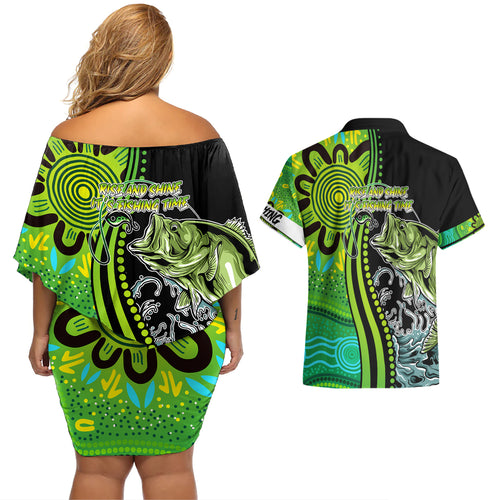 australia-fishing-couples-matching-off-shoulder-short-dress-and-hawaiian-shirt-aboriginal-rise-and-shine-a-bass-fish-jumps-out-of-water-and-aboriginal-patterns-inspired
