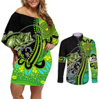 australia-fishing-couples-matching-off-shoulder-short-dress-and-long-sleeve-button-shirts-aboriginal-rise-and-shine-a-bass-fish-jumps-out-of-water-and-aboriginal-patterns-inspired