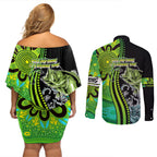 australia-fishing-couples-matching-off-shoulder-short-dress-and-long-sleeve-button-shirts-aboriginal-rise-and-shine-a-bass-fish-jumps-out-of-water-and-aboriginal-patterns-inspired