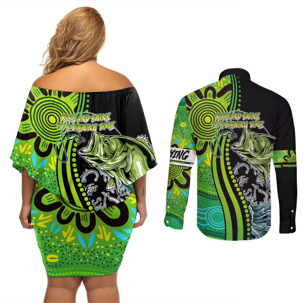 australia-fishing-couples-matching-off-shoulder-short-dress-and-long-sleeve-button-shirts-aboriginal-rise-and-shine-a-bass-fish-jumps-out-of-water-and-aboriginal-patterns-inspired