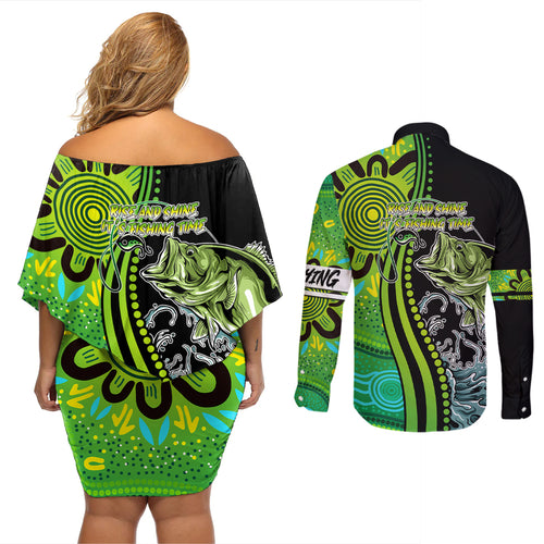 australia-fishing-couples-matching-off-shoulder-short-dress-and-long-sleeve-button-shirts-aboriginal-rise-and-shine-a-bass-fish-jumps-out-of-water-and-aboriginal-patterns-inspired