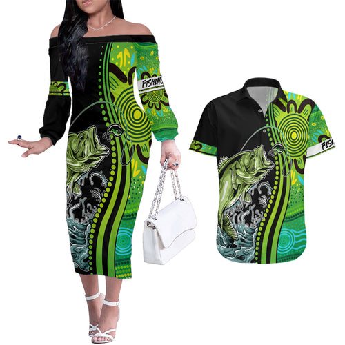 australia-fishing-couples-matching-off-the-shoulder-long-sleeve-dress-and-hawaiian-shirt-aboriginal-rise-and-shine-a-bass-fish-jumps-out-of-water-and-aboriginal-patterns-inspired