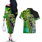 australia-fishing-couples-matching-off-the-shoulder-long-sleeve-dress-and-hawaiian-shirt-aboriginal-rise-and-shine-a-bass-fish-jumps-out-of-water-and-aboriginal-patterns-inspired