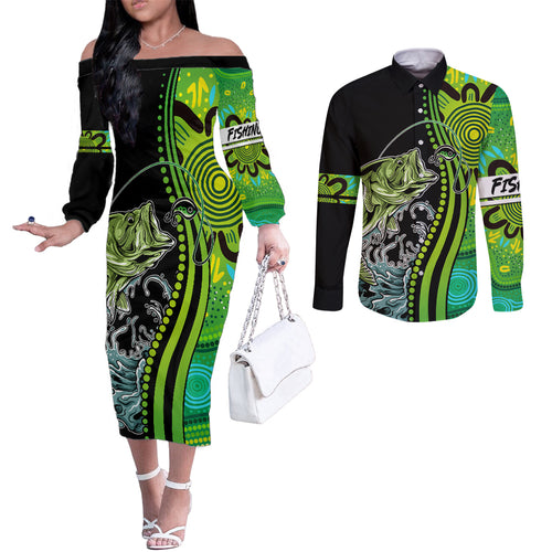australia-fishing-couples-matching-off-the-shoulder-long-sleeve-dress-and-long-sleeve-button-shirts-aboriginal-rise-and-shine-a-bass-fish-jumps-out-of-water-and-aboriginal-patterns-inspired