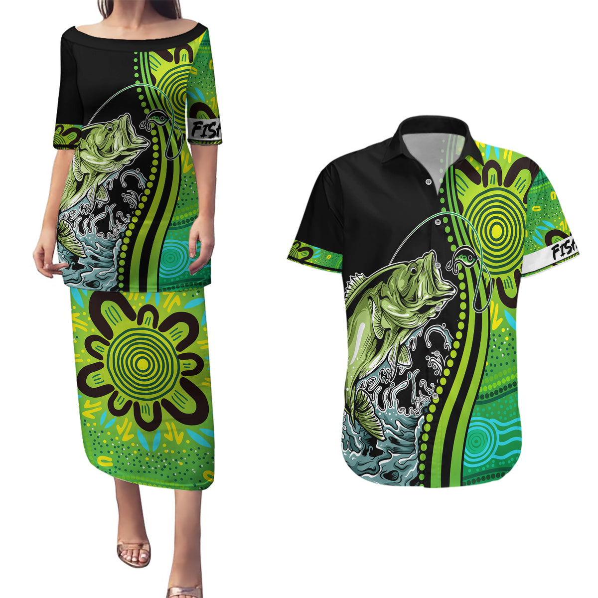 australia-fishing-couples-matching-puletasi-dress-and-hawaiian-shirt-aboriginal-rise-and-shine-a-bass-fish-jumps-out-of-water-and-aboriginal-patterns-inspired