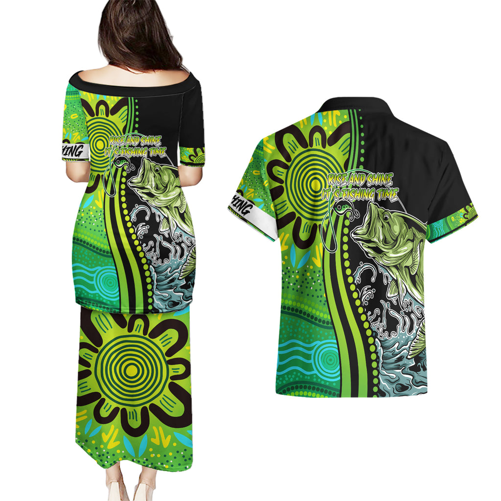 australia-fishing-couples-matching-puletasi-dress-and-hawaiian-shirt-aboriginal-rise-and-shine-a-bass-fish-jumps-out-of-water-and-aboriginal-patterns-inspired