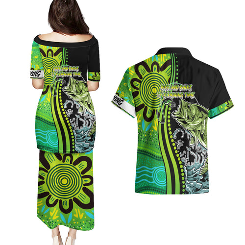 australia-fishing-couples-matching-puletasi-dress-and-hawaiian-shirt-aboriginal-rise-and-shine-a-bass-fish-jumps-out-of-water-and-aboriginal-patterns-inspired