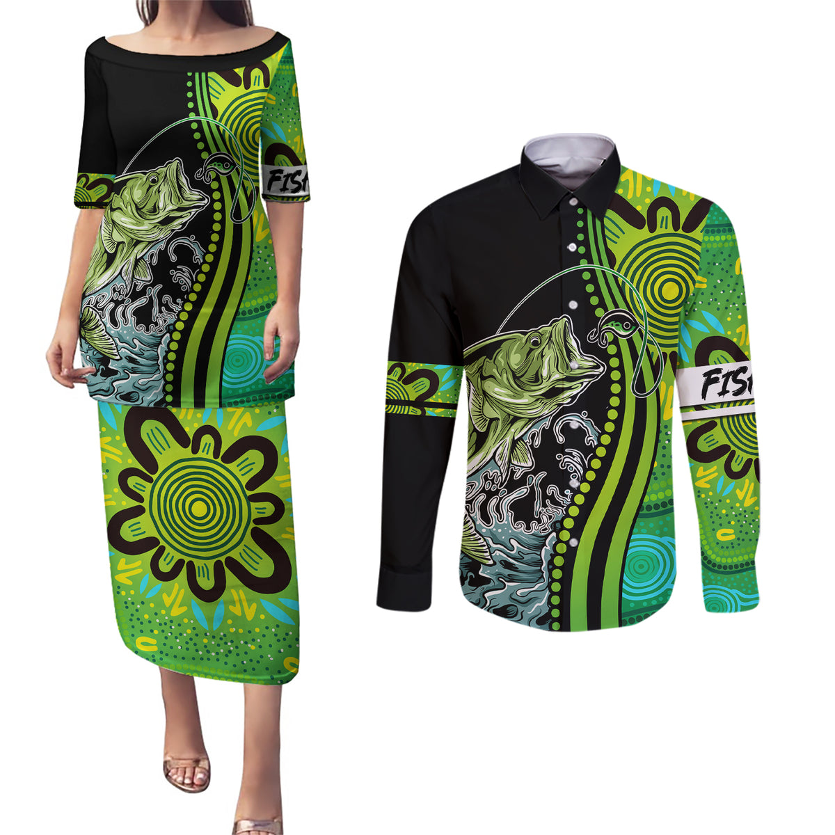 australia-fishing-couples-matching-puletasi-dress-and-long-sleeve-button-shirts-aboriginal-rise-and-shine-a-bass-fish-jumps-out-of-water-and-aboriginal-patterns-inspired