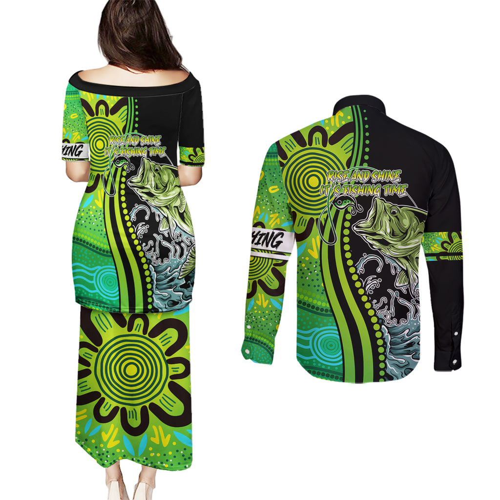 australia-fishing-couples-matching-puletasi-dress-and-long-sleeve-button-shirts-aboriginal-rise-and-shine-a-bass-fish-jumps-out-of-water-and-aboriginal-patterns-inspired