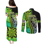 australia-fishing-couples-matching-puletasi-dress-and-long-sleeve-button-shirts-aboriginal-rise-and-shine-a-bass-fish-jumps-out-of-water-and-aboriginal-patterns-inspired