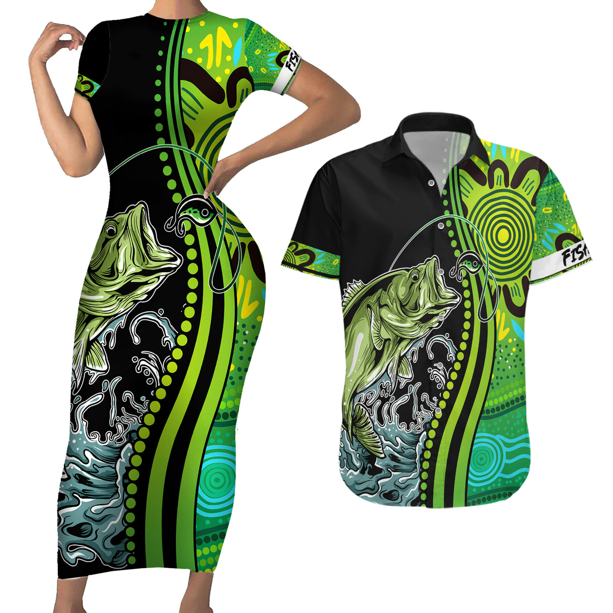 australia-fishing-couples-matching-short-sleeve-bodycon-dress-and-hawaiian-shirt-aboriginal-rise-and-shine-a-bass-fish-jumps-out-of-water-and-aboriginal-patterns-inspired