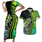 australia-fishing-couples-matching-short-sleeve-bodycon-dress-and-hawaiian-shirt-aboriginal-rise-and-shine-a-bass-fish-jumps-out-of-water-and-aboriginal-patterns-inspired