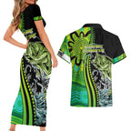 australia-fishing-couples-matching-short-sleeve-bodycon-dress-and-hawaiian-shirt-aboriginal-rise-and-shine-a-bass-fish-jumps-out-of-water-and-aboriginal-patterns-inspired