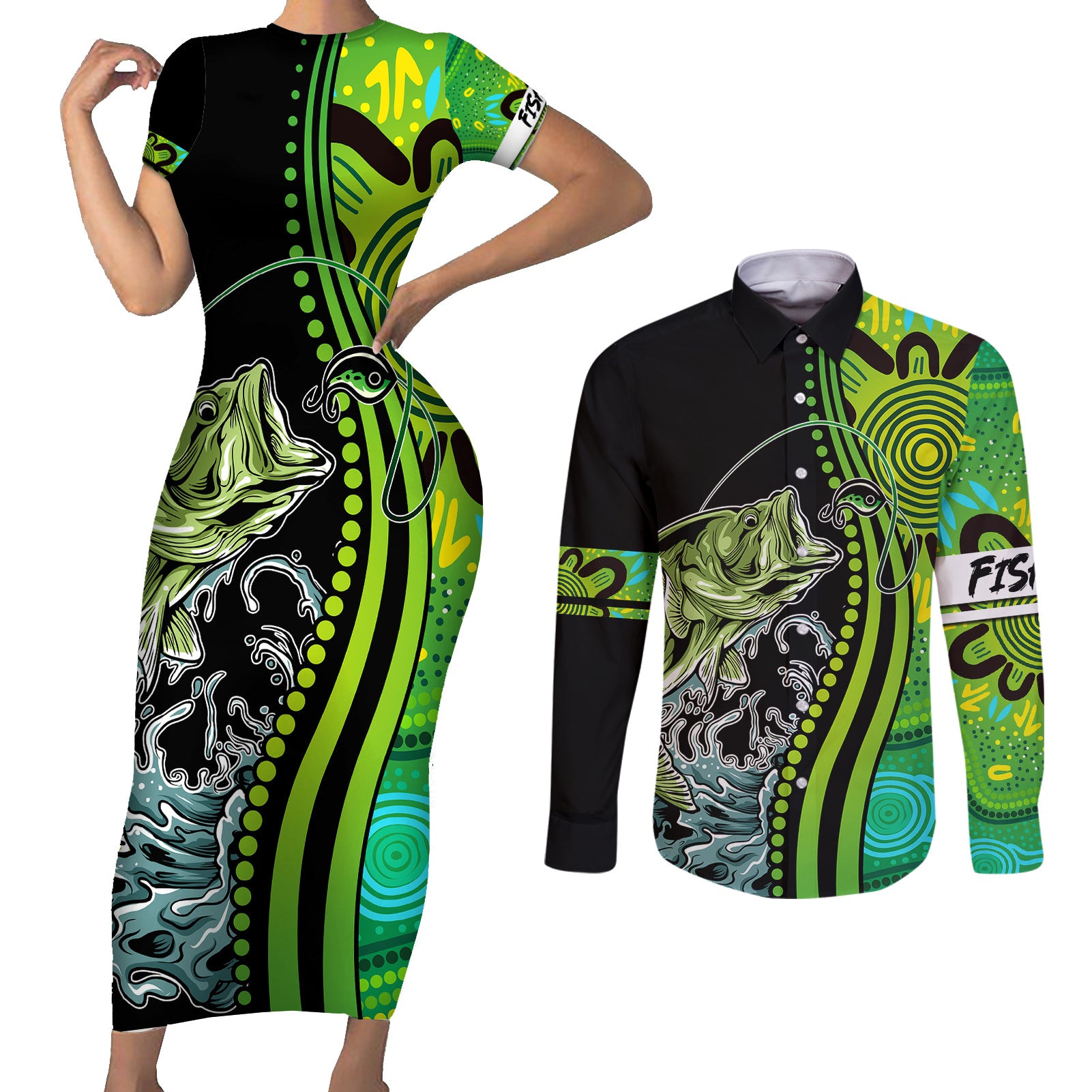australia-fishing-couples-matching-short-sleeve-bodycon-dress-and-long-sleeve-button-shirts-aboriginal-rise-and-shine-a-bass-fish-jumps-out-of-water-and-aboriginal-patterns-inspired