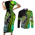 australia-fishing-couples-matching-short-sleeve-bodycon-dress-and-long-sleeve-button-shirts-aboriginal-rise-and-shine-a-bass-fish-jumps-out-of-water-and-aboriginal-patterns-inspired