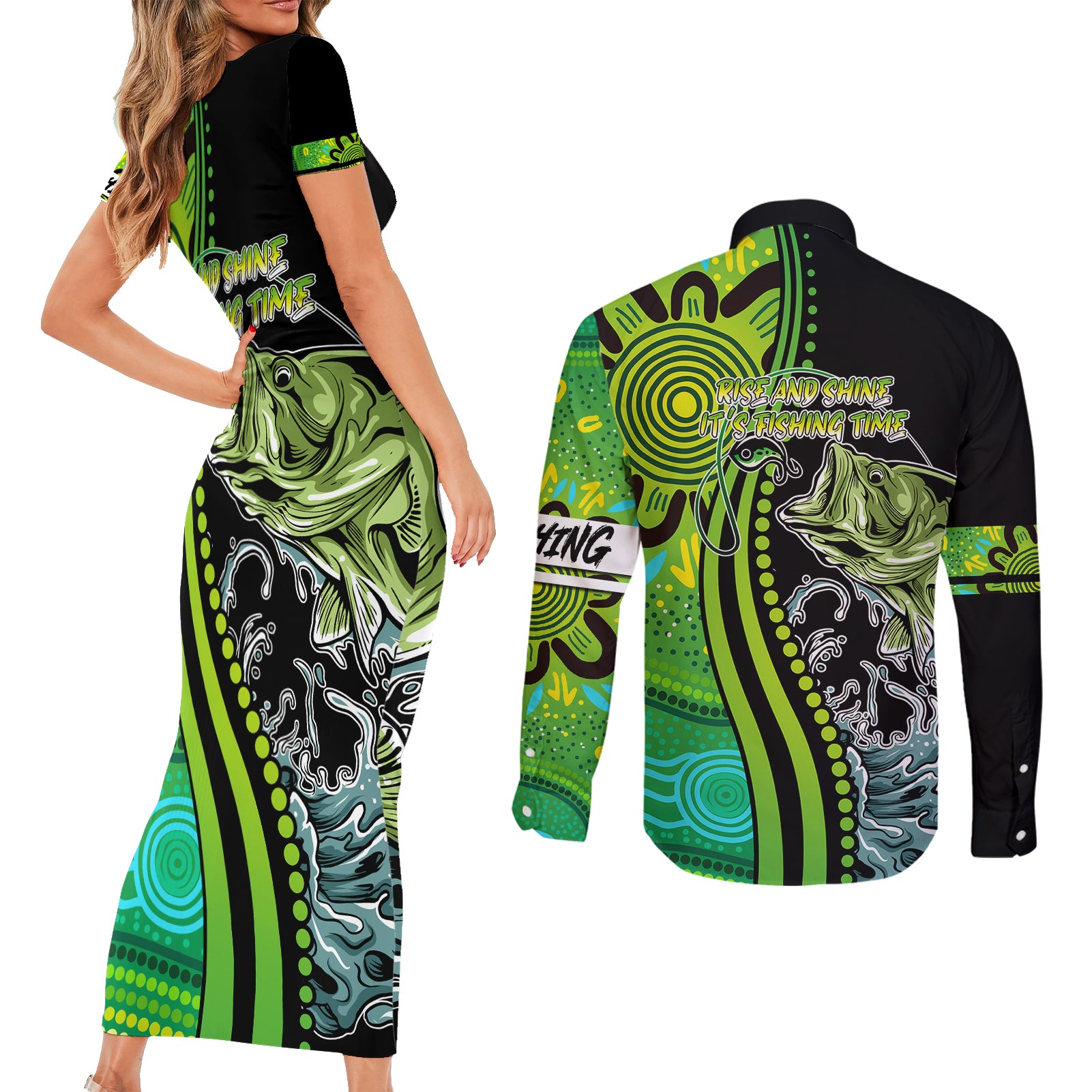 australia-fishing-couples-matching-short-sleeve-bodycon-dress-and-long-sleeve-button-shirts-aboriginal-rise-and-shine-a-bass-fish-jumps-out-of-water-and-aboriginal-patterns-inspired