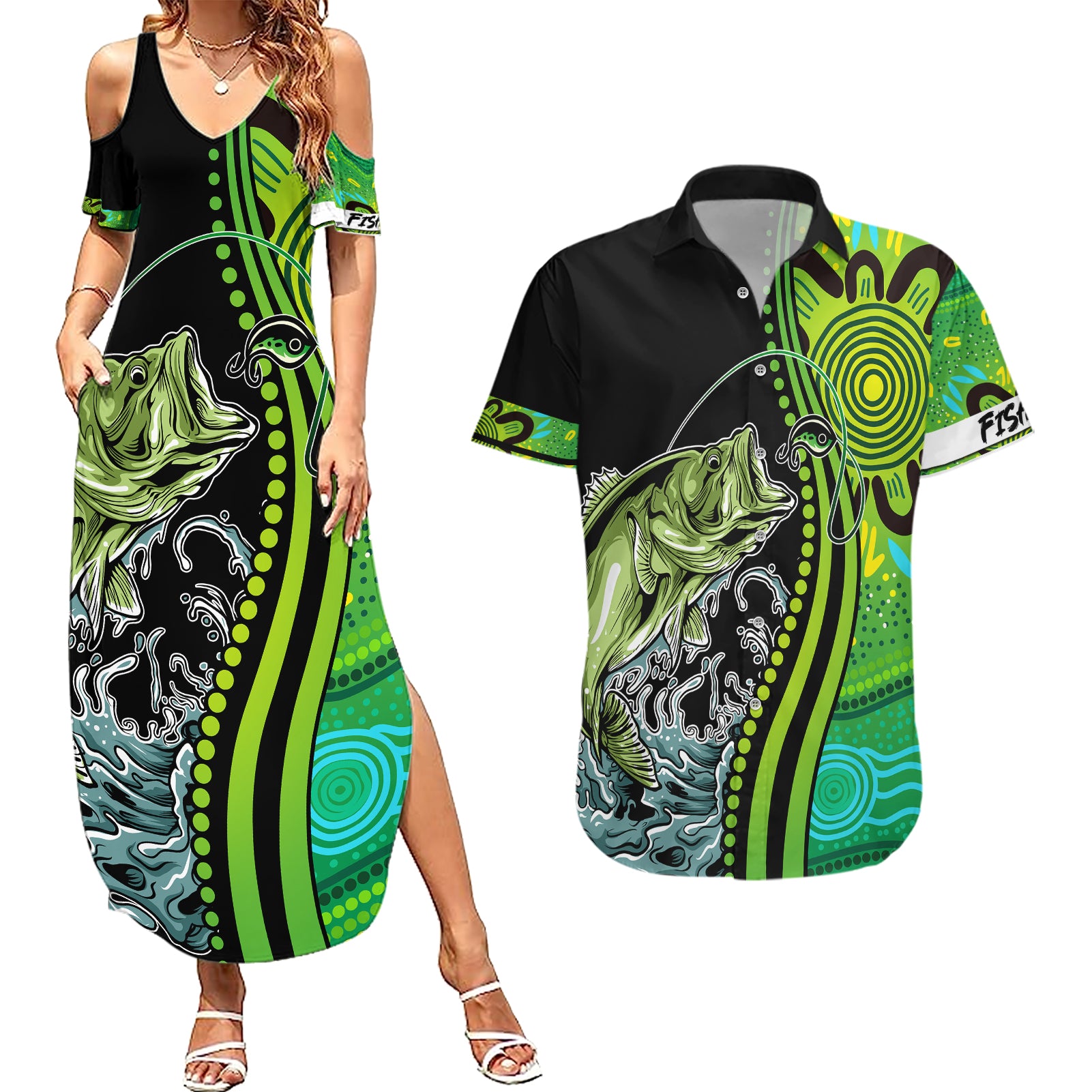 australia-fishing-couples-matching-summer-maxi-dress-and-hawaiian-shirt-aboriginal-rise-and-shine-a-bass-fish-jumps-out-of-water-and-aboriginal-patterns-inspired