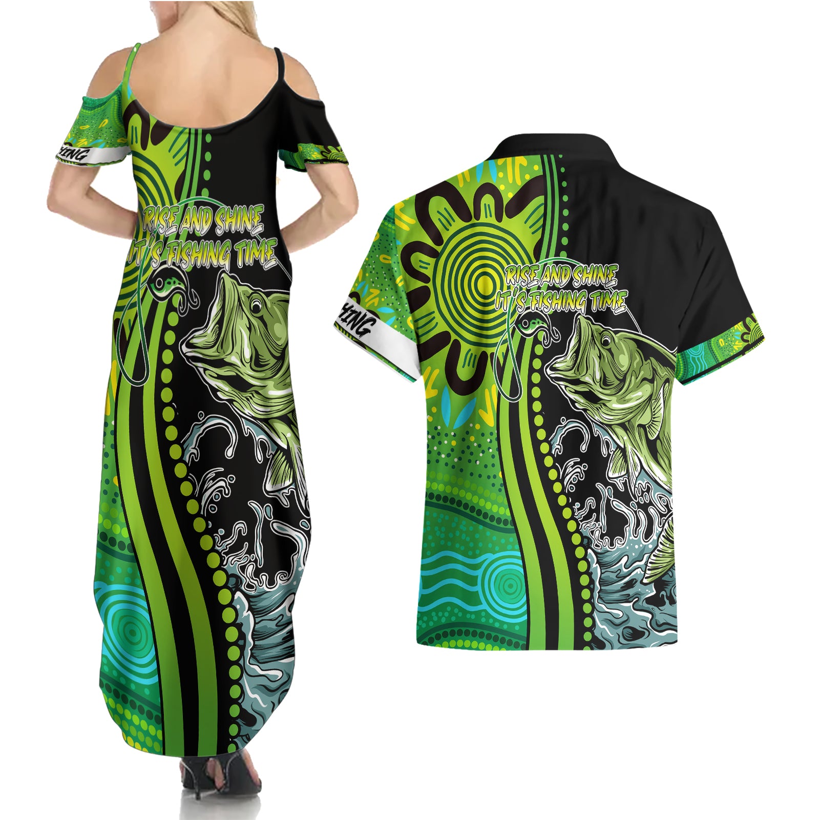 australia-fishing-couples-matching-summer-maxi-dress-and-hawaiian-shirt-aboriginal-rise-and-shine-a-bass-fish-jumps-out-of-water-and-aboriginal-patterns-inspired