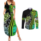australia-fishing-couples-matching-summer-maxi-dress-and-long-sleeve-button-shirts-aboriginal-rise-and-shine-a-bass-fish-jumps-out-of-water-and-aboriginal-patterns-inspired