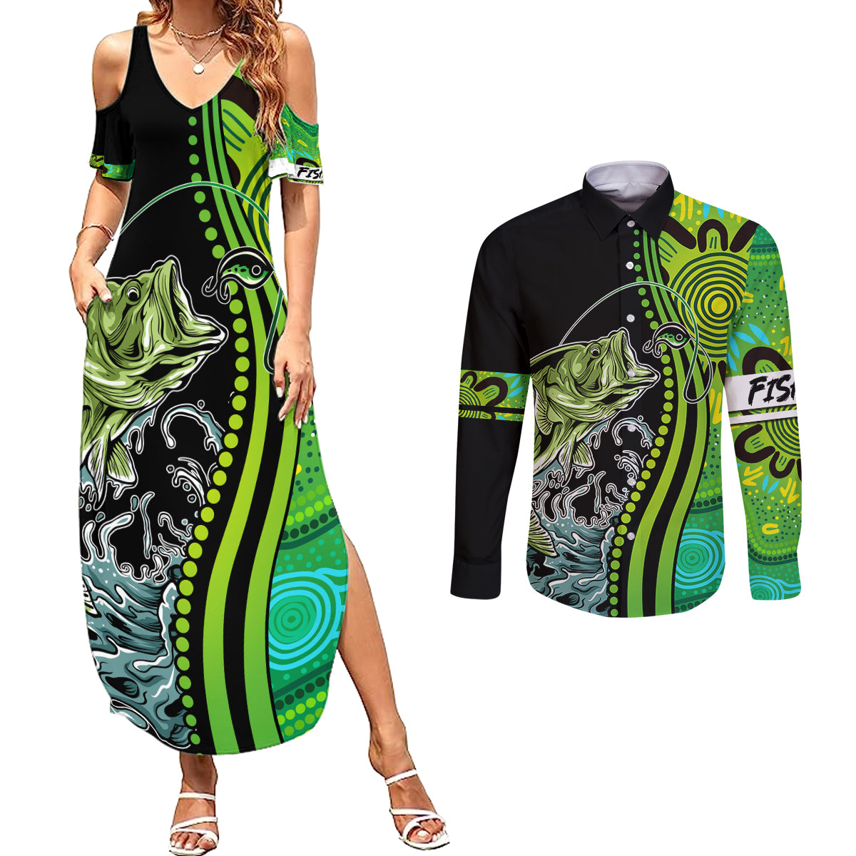 australia-fishing-couples-matching-summer-maxi-dress-and-long-sleeve-button-shirts-aboriginal-rise-and-shine-a-bass-fish-jumps-out-of-water-and-aboriginal-patterns-inspired