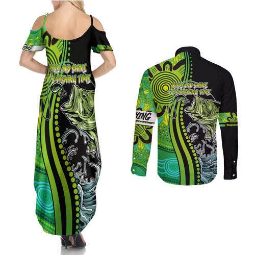 australia-fishing-couples-matching-summer-maxi-dress-and-long-sleeve-button-shirts-aboriginal-rise-and-shine-a-bass-fish-jumps-out-of-water-and-aboriginal-patterns-inspired