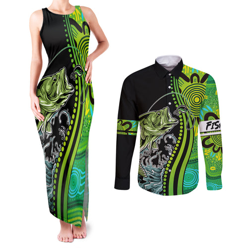 australia-fishing-couples-matching-tank-maxi-dress-and-long-sleeve-button-shirts-aboriginal-rise-and-shine-a-bass-fish-jumps-out-of-water-and-aboriginal-patterns-inspired