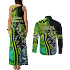 australia-fishing-couples-matching-tank-maxi-dress-and-long-sleeve-button-shirts-aboriginal-rise-and-shine-a-bass-fish-jumps-out-of-water-and-aboriginal-patterns-inspired