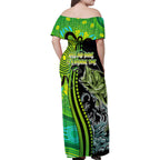 australia-fishing-family-matching-off-shoulder-maxi-dress-and-hawaiian-shirt-aboriginal-rise-and-shine-a-bass-fish-jumps-out-of-water-and-aboriginal-patterns-inspired