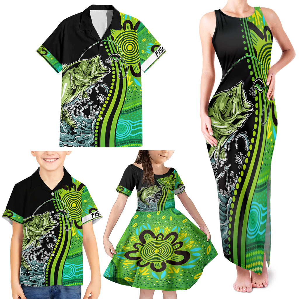 australia-fishing-family-matching-tank-maxi-dress-and-hawaiian-shirt-aboriginal-rise-and-shine-a-bass-fish-jumps-out-of-water-and-aboriginal-patterns-inspired