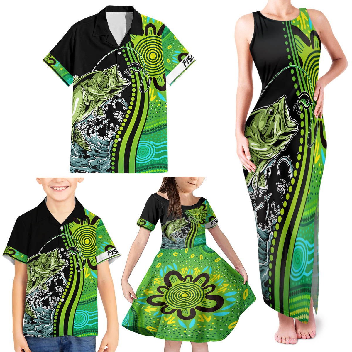 australia-fishing-family-matching-tank-maxi-dress-and-hawaiian-shirt-aboriginal-rise-and-shine-a-bass-fish-jumps-out-of-water-and-aboriginal-patterns-inspired