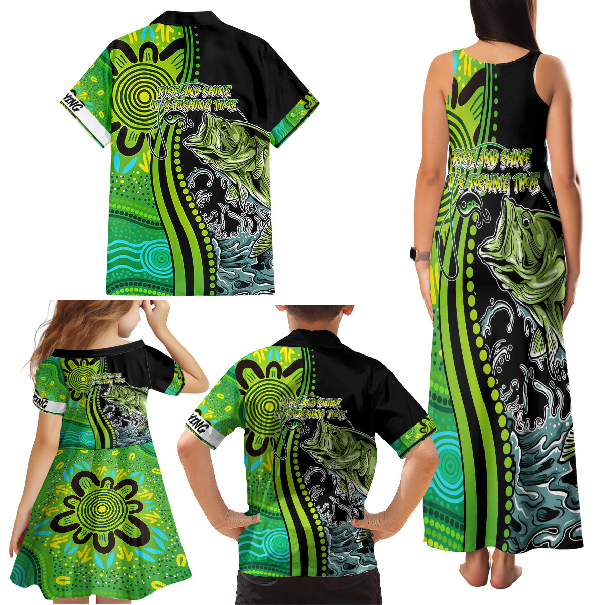 australia-fishing-family-matching-tank-maxi-dress-and-hawaiian-shirt-aboriginal-rise-and-shine-a-bass-fish-jumps-out-of-water-and-aboriginal-patterns-inspired