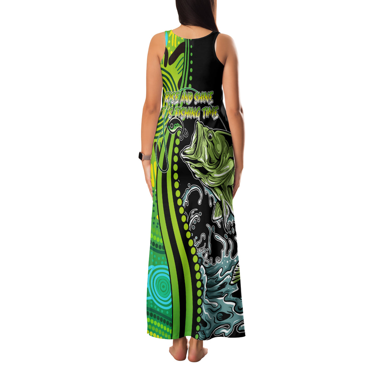 australia-fishing-family-matching-tank-maxi-dress-and-hawaiian-shirt-aboriginal-rise-and-shine-a-bass-fish-jumps-out-of-water-and-aboriginal-patterns-inspired