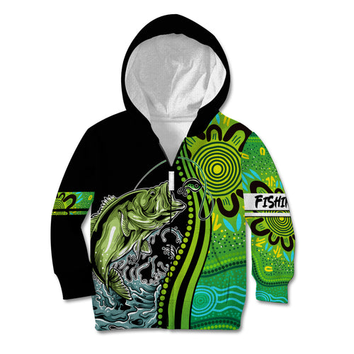 australia-fishing-kid-hoodie-aboriginal-rise-and-shine-a-bass-fish-jumps-out-of-water-and-aboriginal-patterns-inspired