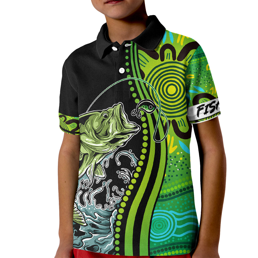 australia-fishing-kid-polo-shirt-aboriginal-rise-and-shine-a-bass-fish-jumps-out-of-water-and-aboriginal-patterns-inspired