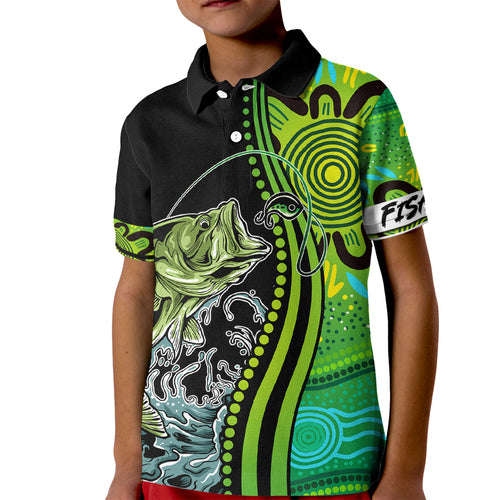 australia-fishing-kid-polo-shirt-aboriginal-rise-and-shine-a-bass-fish-jumps-out-of-water-and-aboriginal-patterns-inspired
