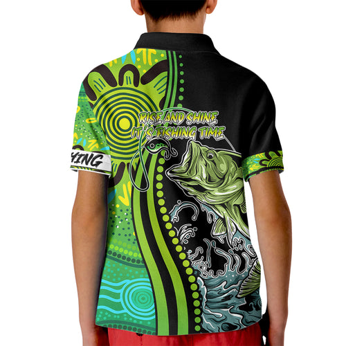 australia-fishing-kid-polo-shirt-aboriginal-rise-and-shine-a-bass-fish-jumps-out-of-water-and-aboriginal-patterns-inspired