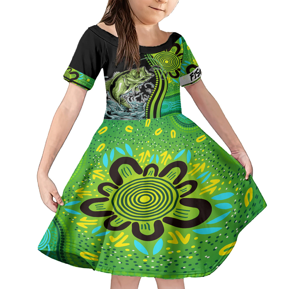 australia-fishing-kid-short-sleeve-dress-aboriginal-rise-and-shine-a-bass-fish-jumps-out-of-water-and-aboriginal-patterns-inspired