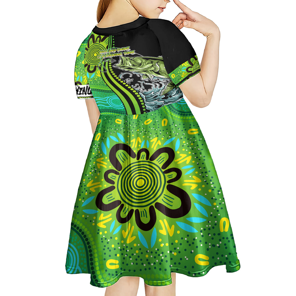 australia-fishing-kid-short-sleeve-dress-aboriginal-rise-and-shine-a-bass-fish-jumps-out-of-water-and-aboriginal-patterns-inspired