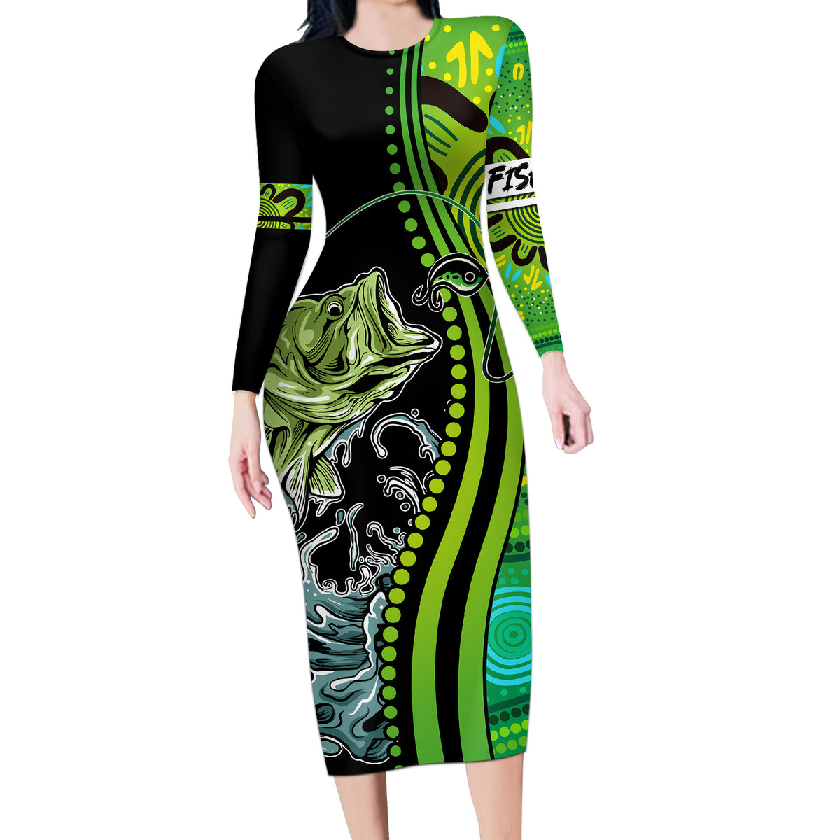 australia-fishing-long-sleeve-bodycon-dress-aboriginal-rise-and-shine-a-bass-fish-jumps-out-of-water-and-aboriginal-patterns-inspired