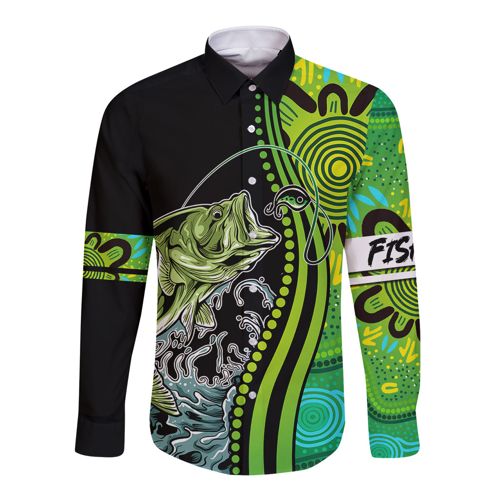 australia-fishing-long-sleeve-button-shirt-aboriginal-rise-and-shine-a-bass-fish-jumps-out-of-water-and-aboriginal-patterns-inspired