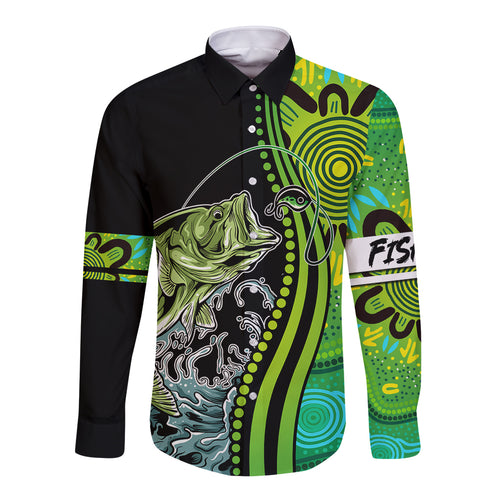 australia-fishing-long-sleeve-button-shirt-aboriginal-rise-and-shine-a-bass-fish-jumps-out-of-water-and-aboriginal-patterns-inspired